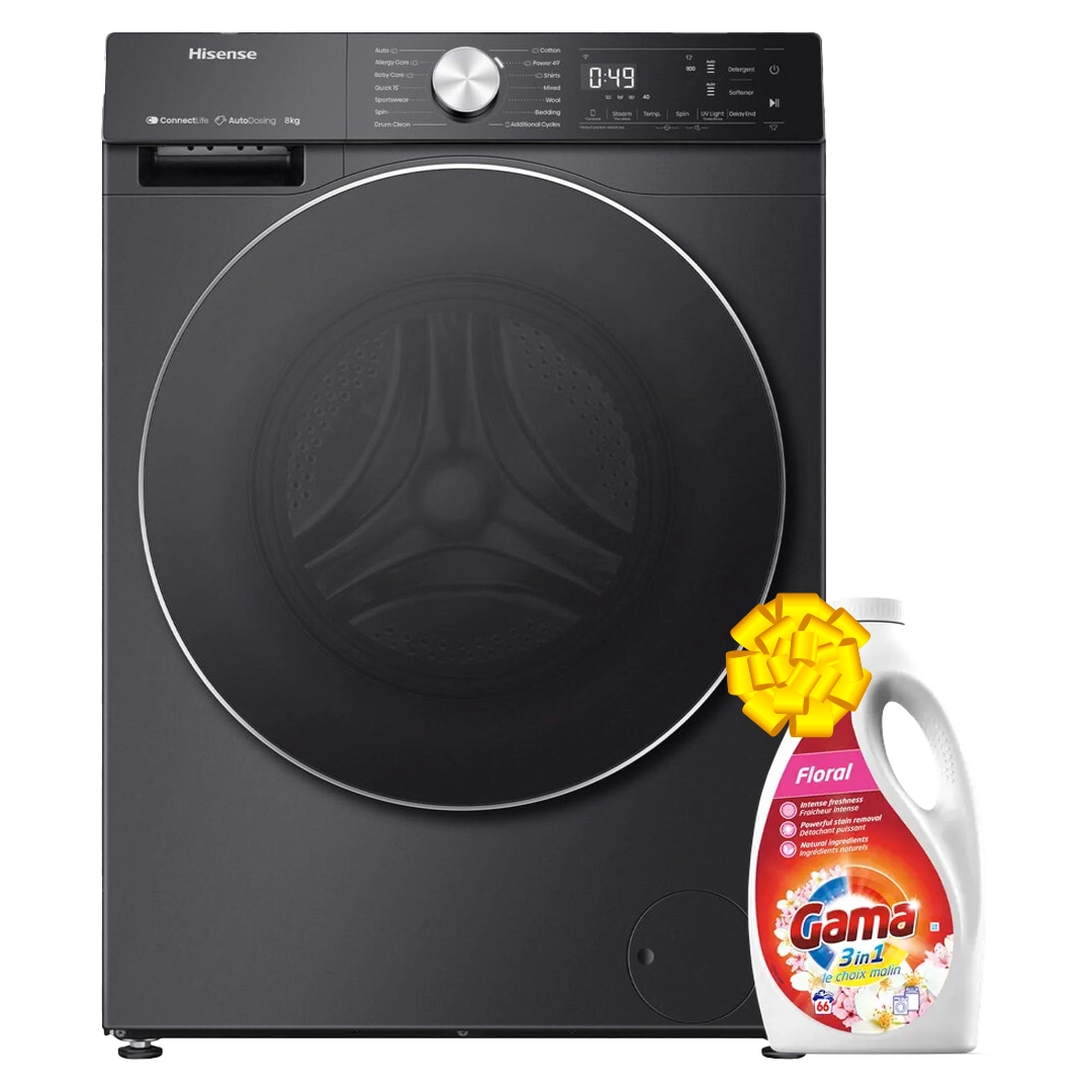 Hisense WD5S1245BB Front Load Washing & Dryer, 12/8KG - Silver + Get Free Gama Laundry Liquid Flora 3L - 66 Washes