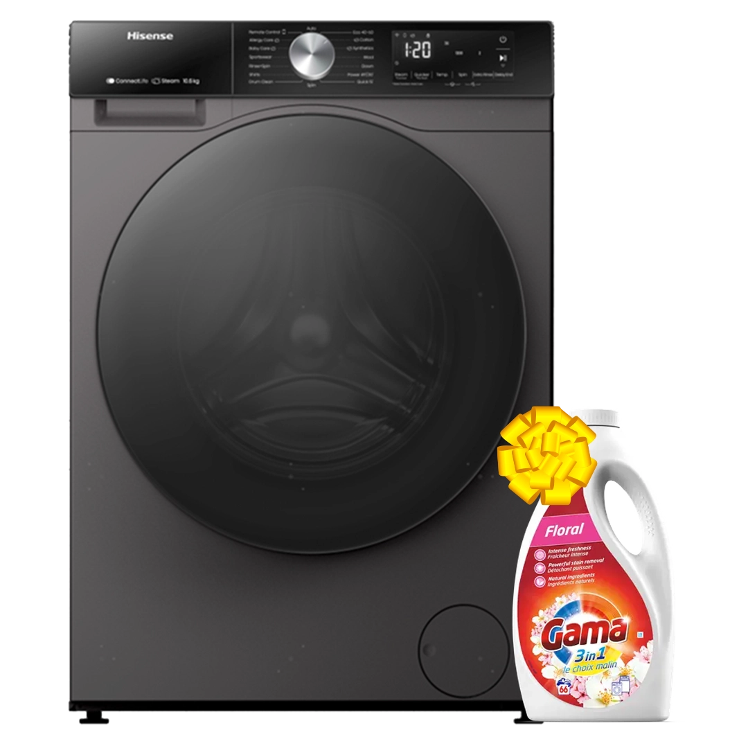Hisense WF3S1243BT Front Load Washing Machine, 12KG - Silver + Get Free Gama Laundry Liquid Flora 3L - 66 Washes