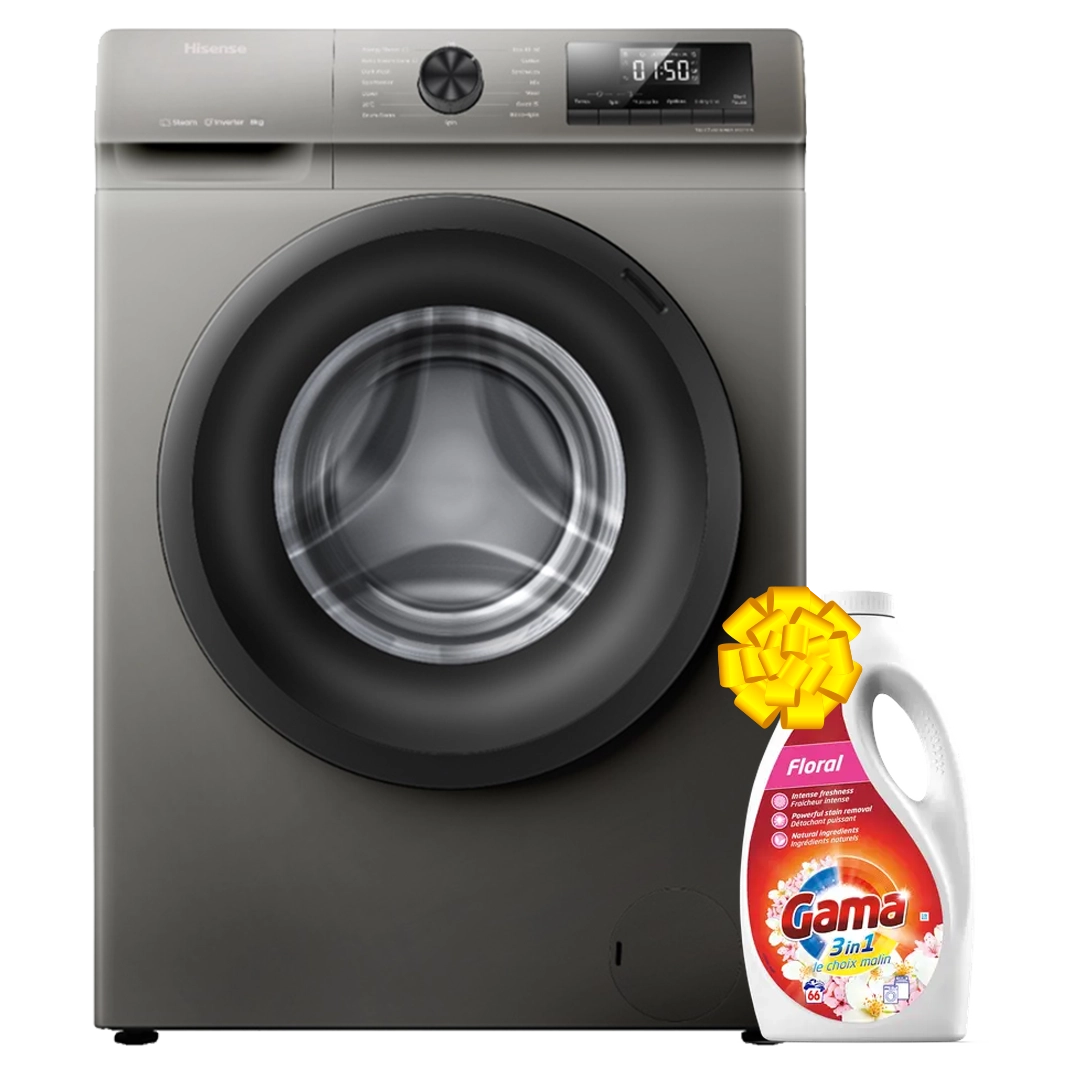 Hisense WFQP8014EVMT Front Load Washing Machine, 8KG - Silver + Get Free Gama Laundry Liquid Flora 3L - 66 Washes
