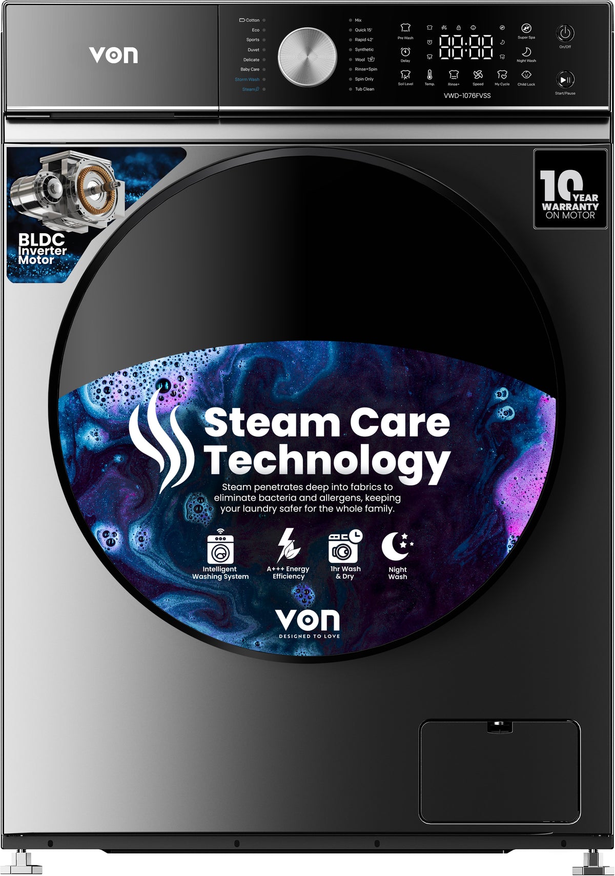Von 10/7Kg Front Load Washer & Dryer 1200RPM, BLDC Inverter, Dark Silver (VWD-1076FVSS)