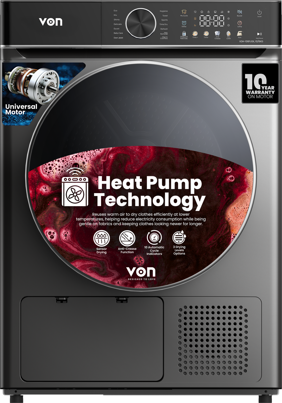 Von 10Kg Front Load Dryer, Heat Pump, Universal Motor, Dark Silver (VDH-106FUSX)