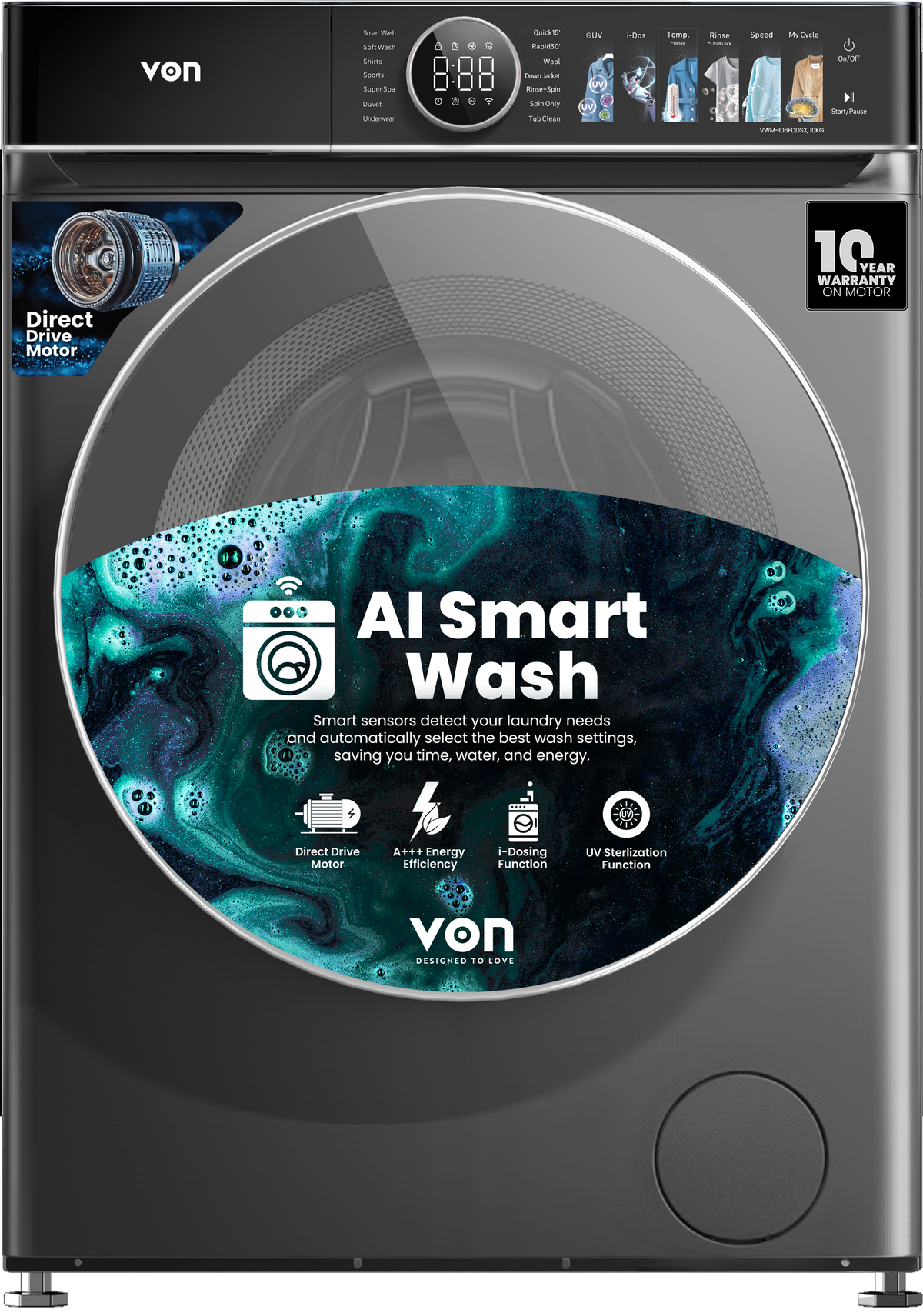 Von 10Kg Front Load Washing Machine 1400RPM, Direct Drive Motor, Dark Silver (VWM-106FDDSX)