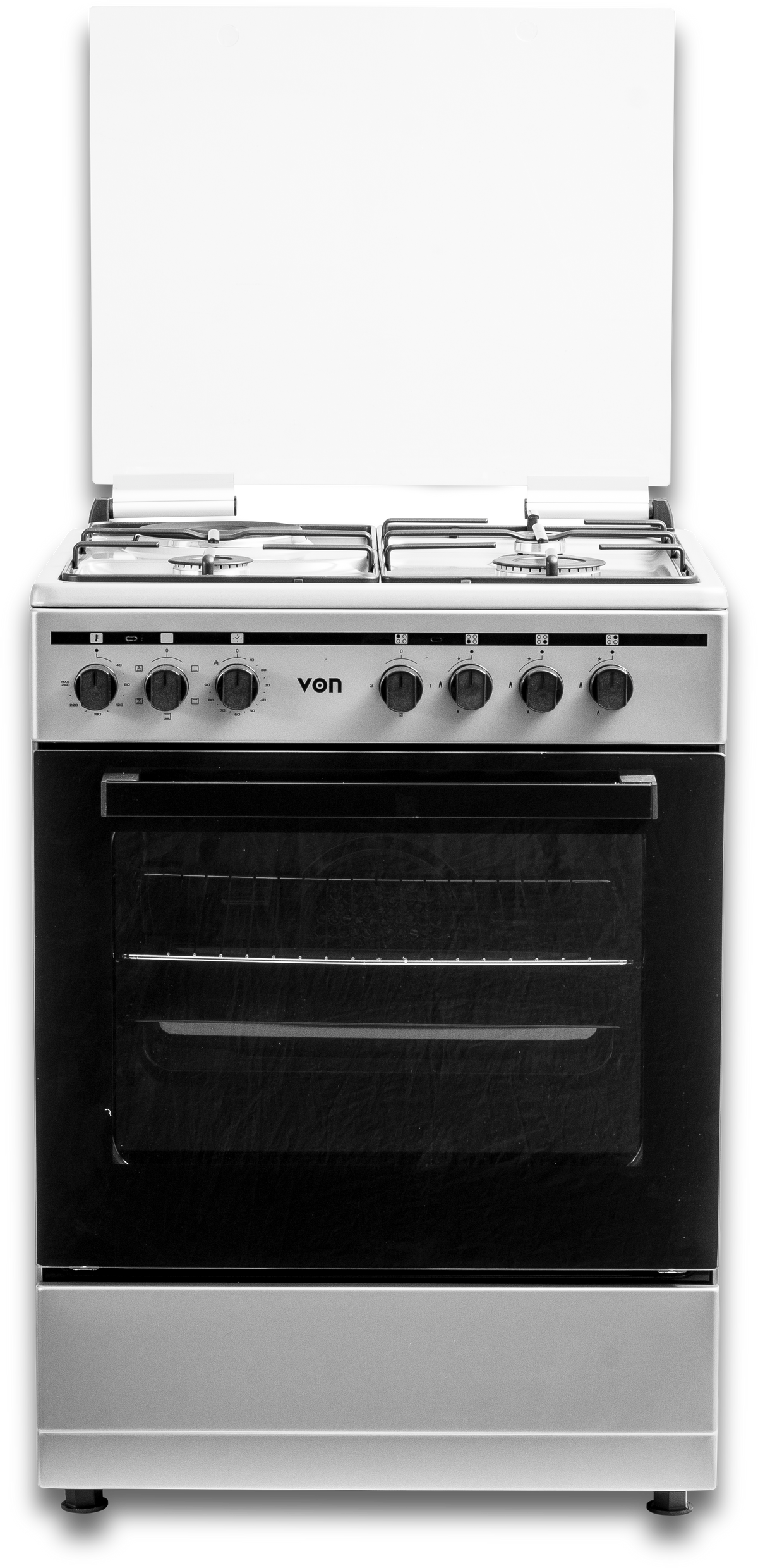VON VCF653151FSY Freestanding Cooker – 3 Gas + 1 Electric Burners, Thick Enamel Pan Support, Flame Failure Device