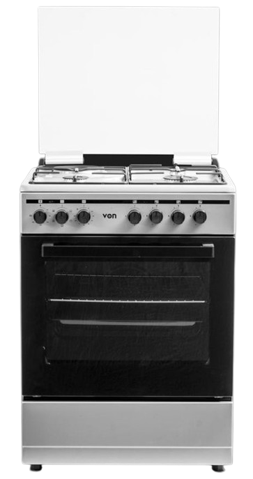 VON VCF664041FSY Freestanding Cooker – 4 Gas Burners + Electric Oven, Thick Enamel Pan Support, Flame Failure Device