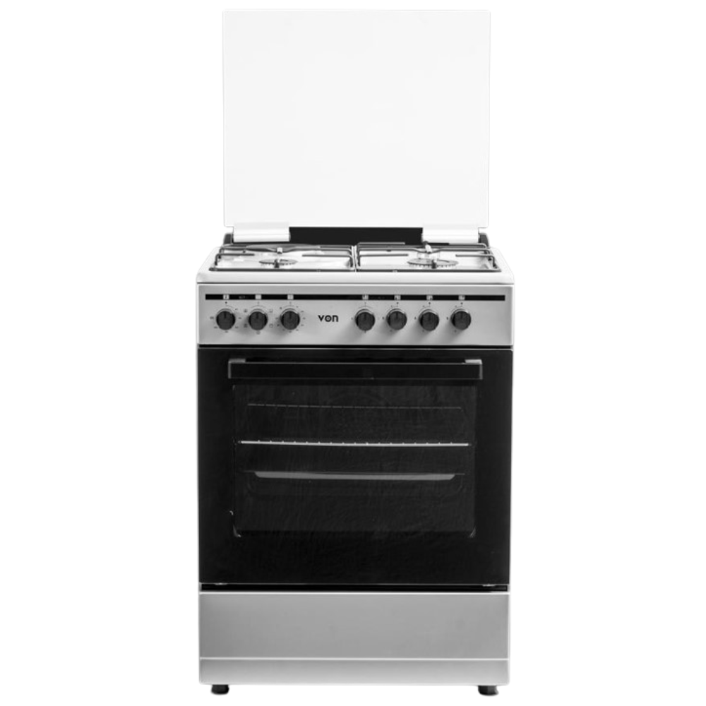 VON VCF664061FSX Freestanding Cooker – 4 Gas Burners + Electric Oven, Cast Iron Pan Support, Flame Failure Device