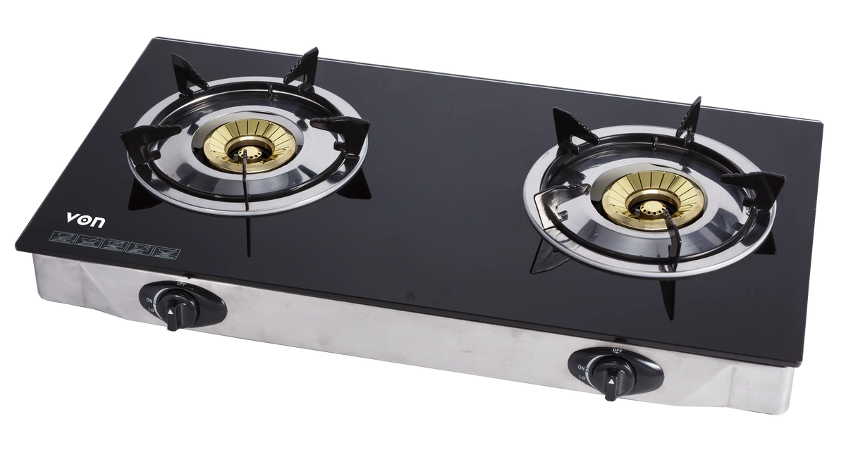 VON VCT2BWGG 2-Burner Gas Table Top Cooker – Brass Spiral Dual Burners