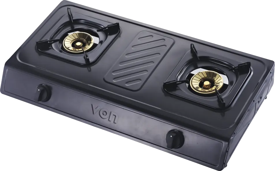 VON VCT2BWGT 2-Burner Table Top Gas Cooker – Brass Spiral Burners, Enamel Pan Support