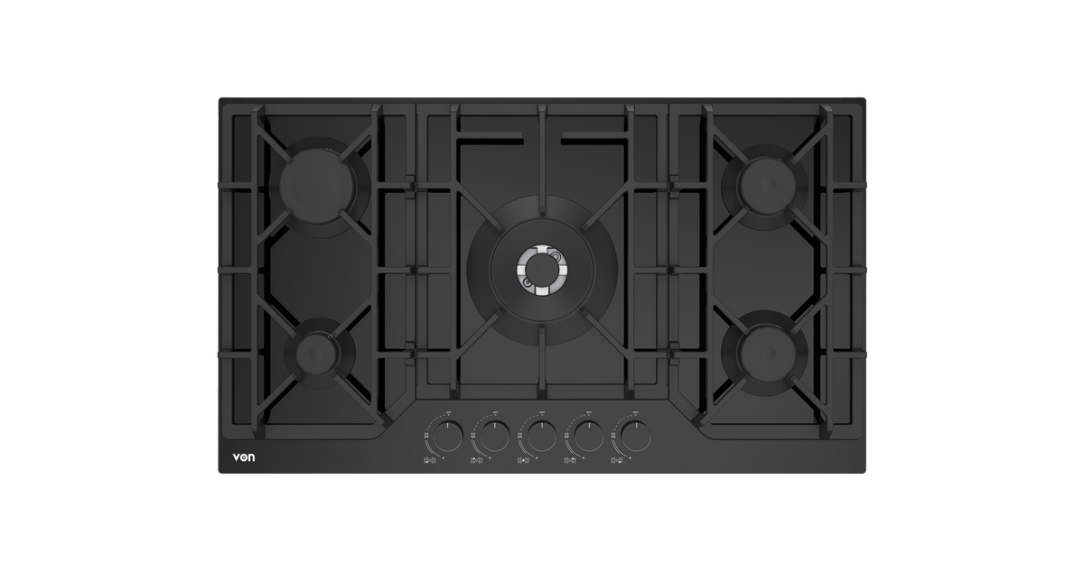 VON VHB86535WFCK Built In Hob, 5 Gas With WOK, 90CM Black Glass