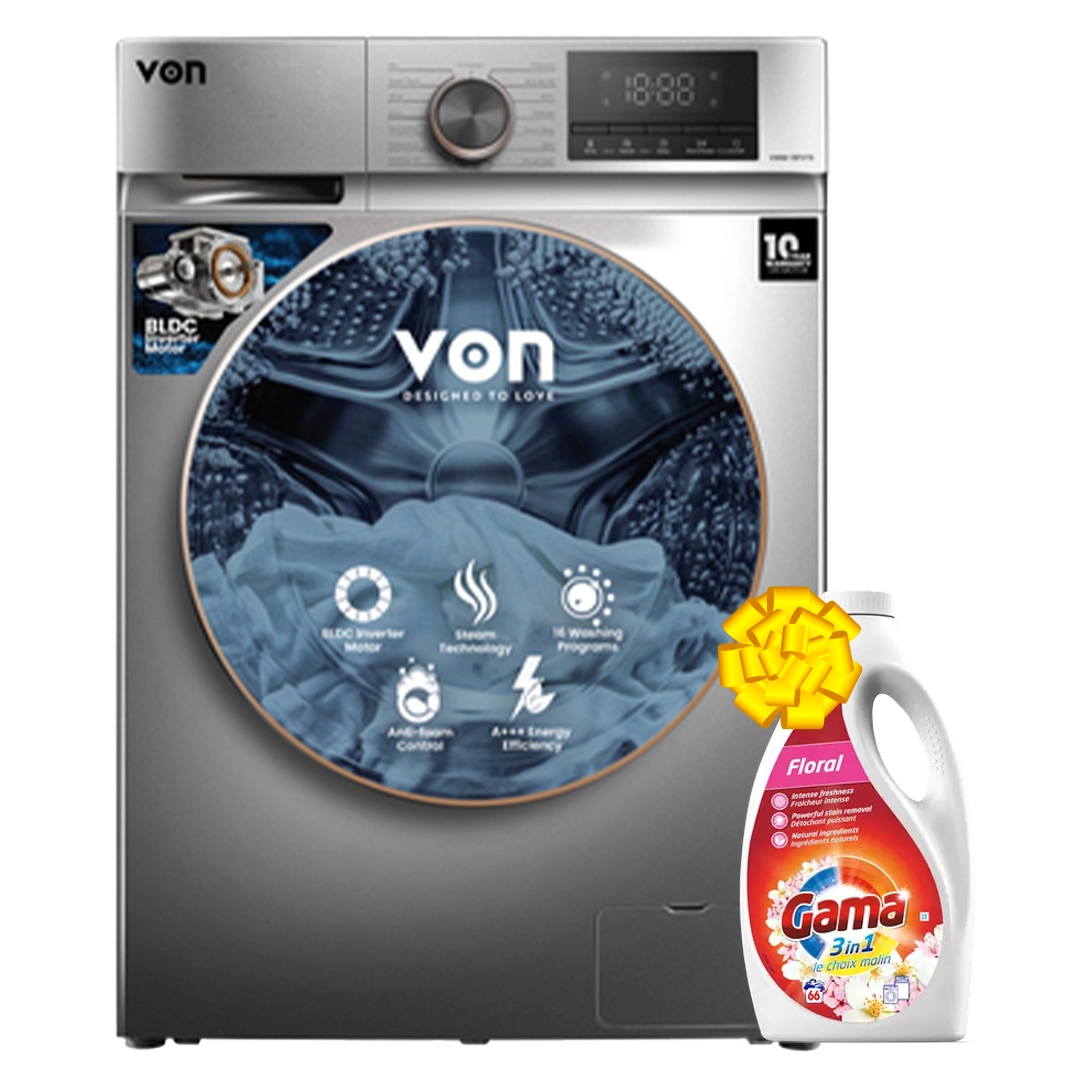 VON VWM-10FVTS Front Load - 10KG + Get Free Gama Laundry Liquid Flora 3L - 66 Washes