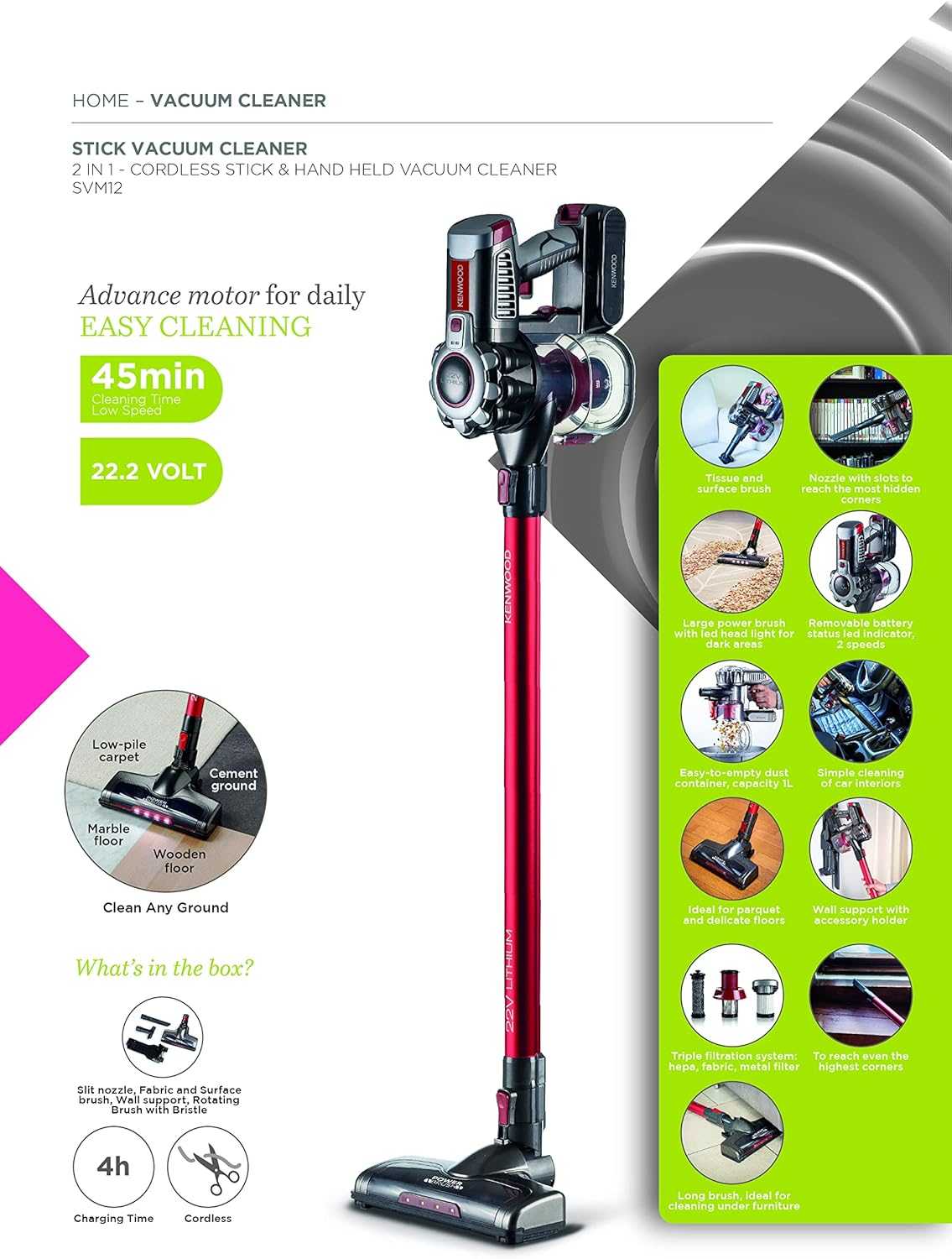 KENWOOD VACUUM CLEANER 2 IN 1 CORDLESS STICK & HANDHELD VACU