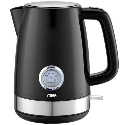 MIKA Kettle, 1.7L, Plastic, 360º Cordless, Concealed Element,with Temperature Gauge, Black MKT1701DB