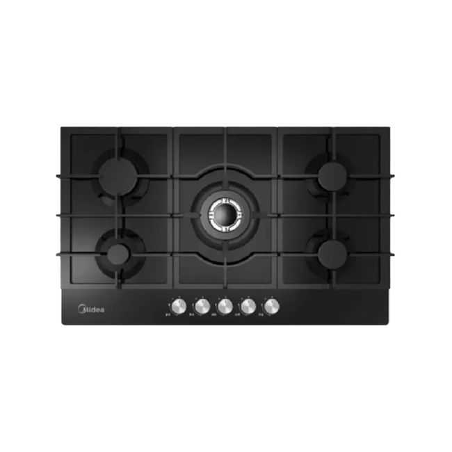 Midea 90CM, Gas Hob,  Black Glass Panel, Triple Ring Burner, Cast Iron Pan Support, Plastic Knob, MG90GQ095AL1B-BS