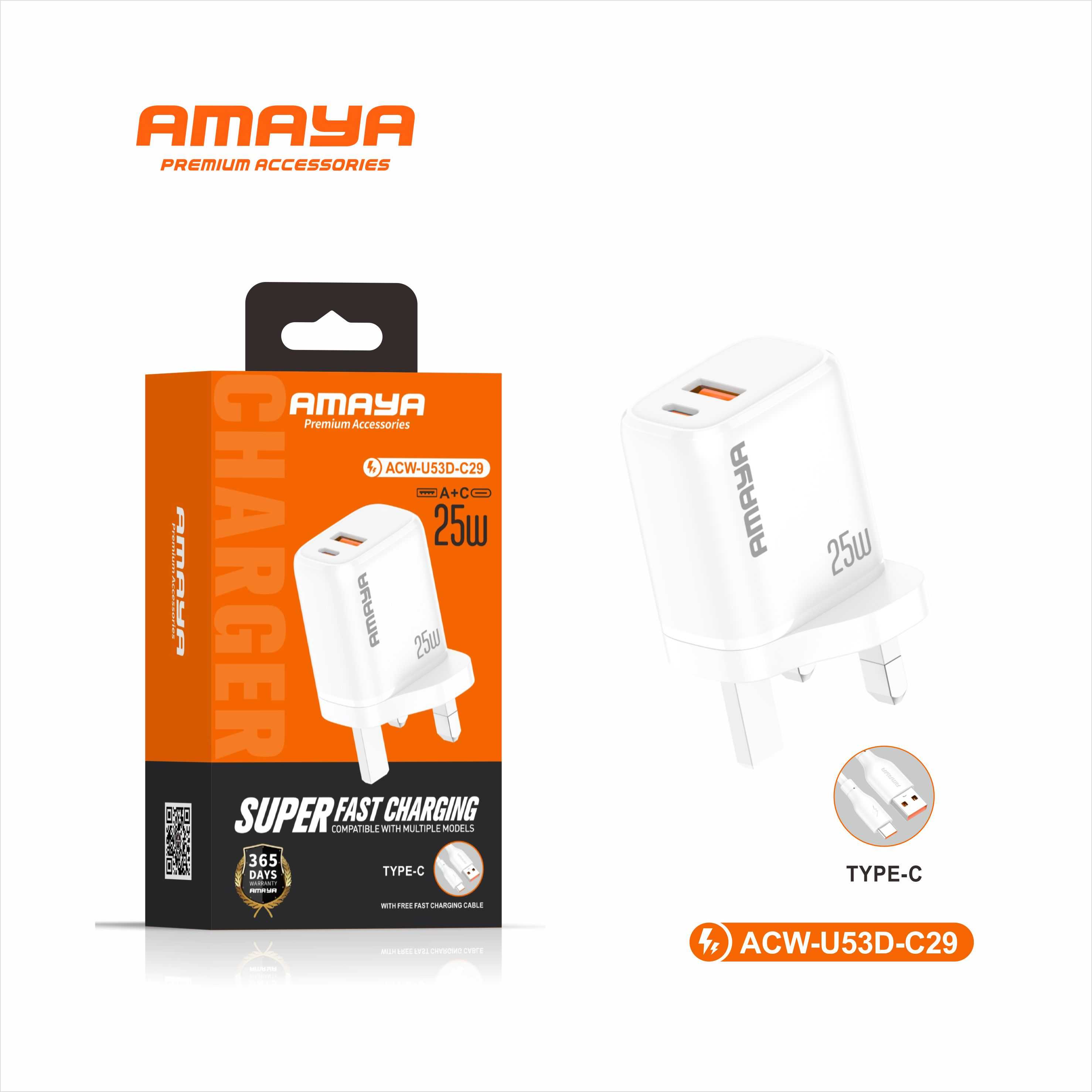 AMAYA ACW-U53D-C29 PD25W+ QC3.0A +C2in1 British standard charger with Type-C cable