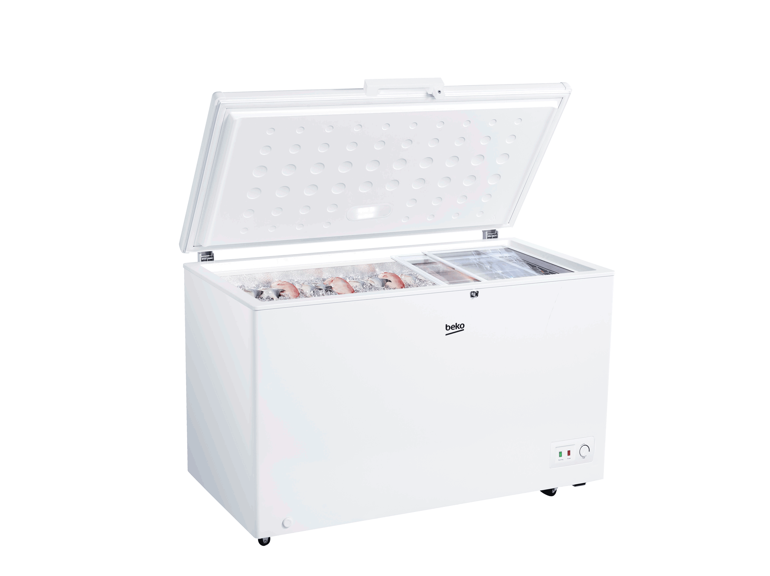 BEKO CHEST FREEZER  380LT, Sliding glass, light, insidecondenser, withlock, white  BCF3380 UK KE